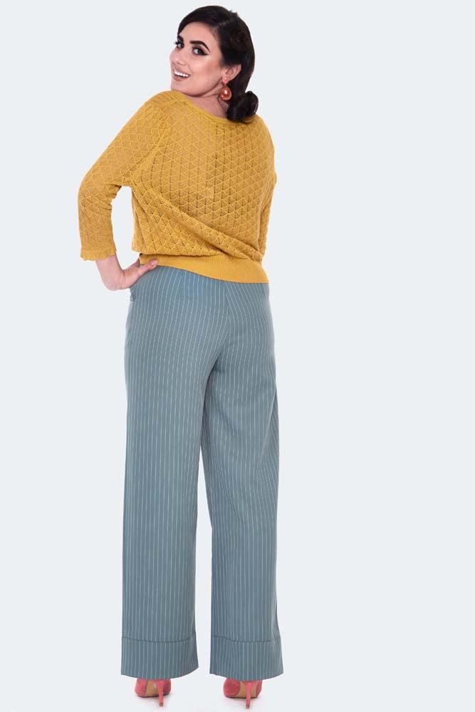 Retro Pinstripe Style Turn Up Trousers-Voodoo Vixen-Dark Fashion Clothing