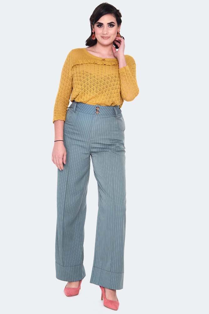 Retro Pinstripe Style Turn Up Trousers-Voodoo Vixen-Dark Fashion Clothing