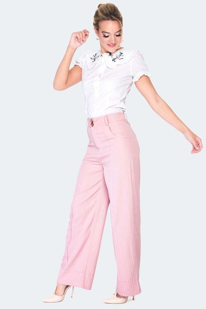Retro Pinstripe Style Turn Up Trousers-Voodoo Vixen-Dark Fashion Clothing