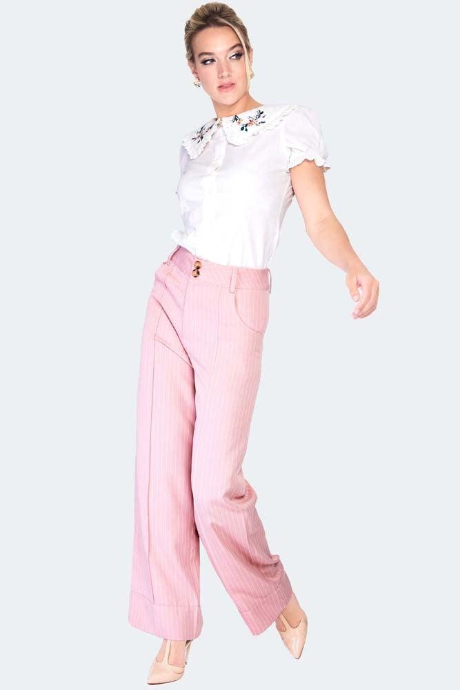 Retro Pinstripe Style Turn Up Trousers-Voodoo Vixen-Dark Fashion Clothing