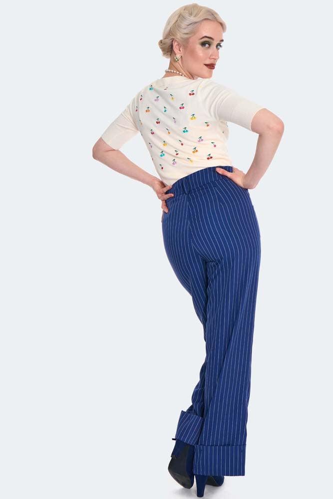 Retro Pinstripe Style Turn Up Trousers-Voodoo Vixen-Dark Fashion Clothing