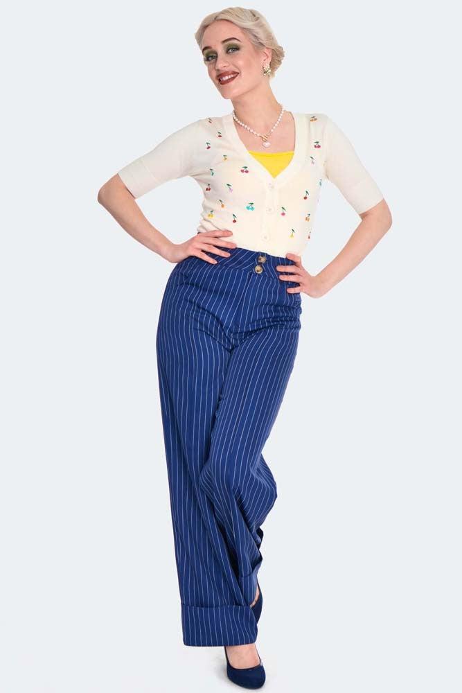 Retro Pinstripe Style Turn Up Trousers-Voodoo Vixen-Dark Fashion Clothing