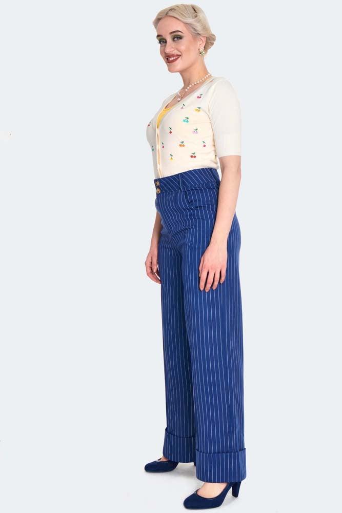 Retro Pinstripe Style Turn Up Trousers-Voodoo Vixen-Dark Fashion Clothing