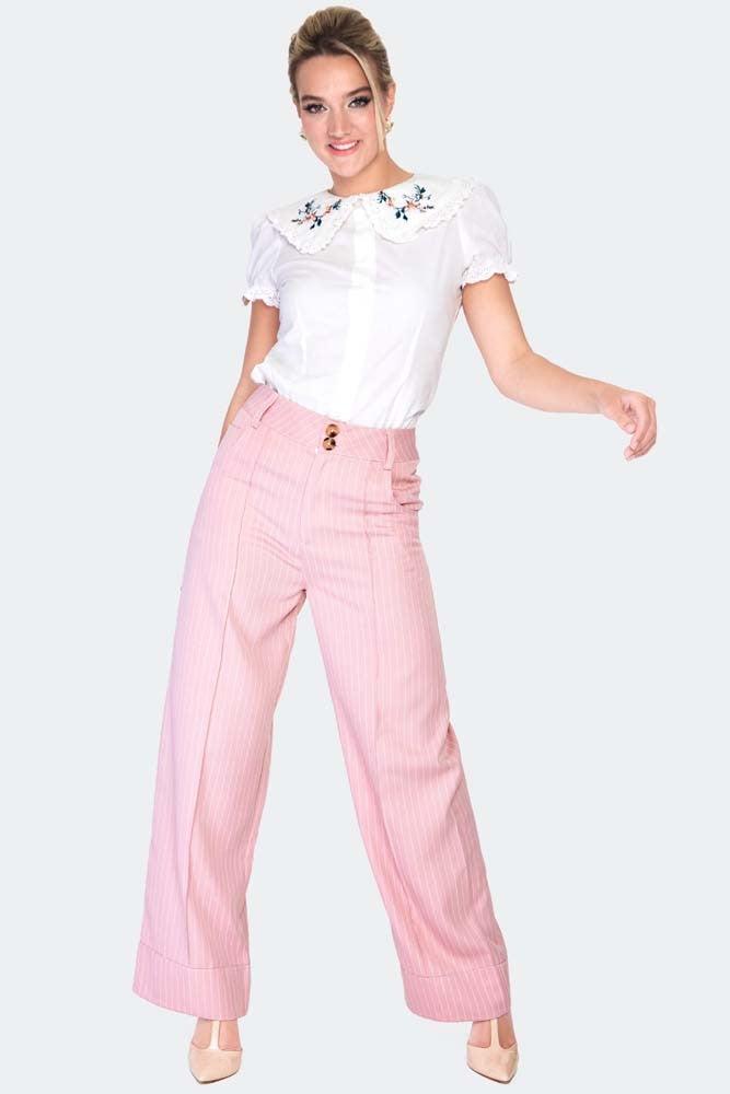 Retro Pinstripe Style Turn Up Trousers-Voodoo Vixen-Dark Fashion Clothing