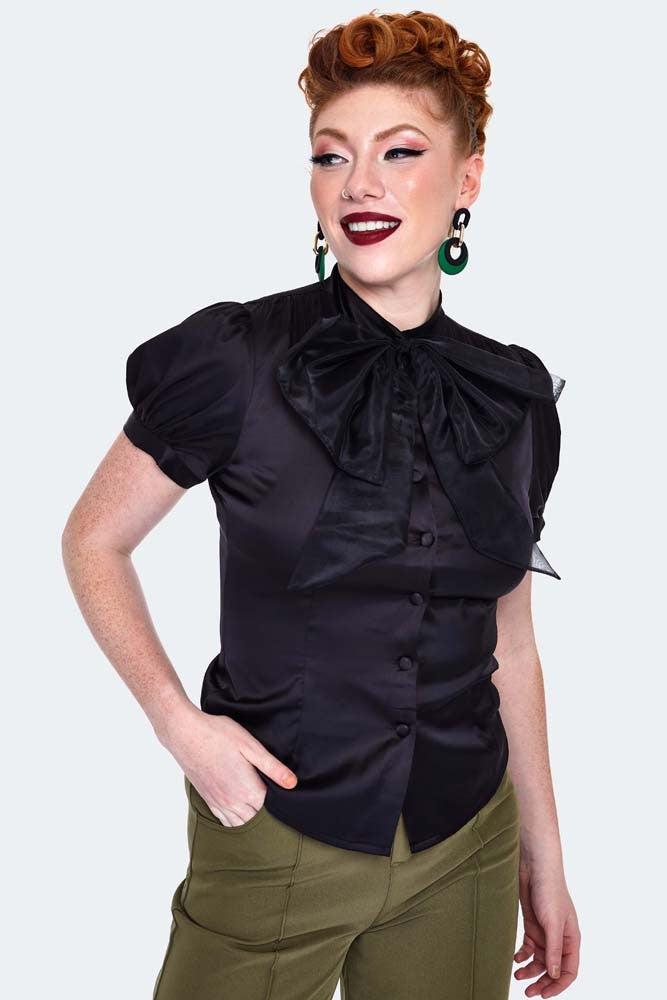 Satin Blouse With Organza Bow-Voodoo Vixen-Dark Fashion Clothing