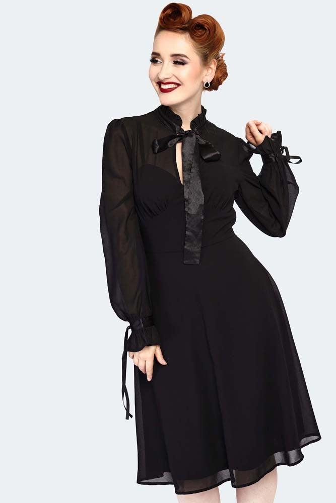 Sheer High Neck Long Sleeve Ribbon Tie Dress-Voodoo Vixen-Dark Fashion Clothing