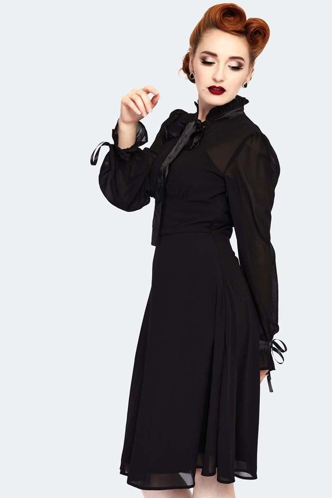 Sheer High Neck Long Sleeve Ribbon Tie Dress-Voodoo Vixen-Dark Fashion Clothing