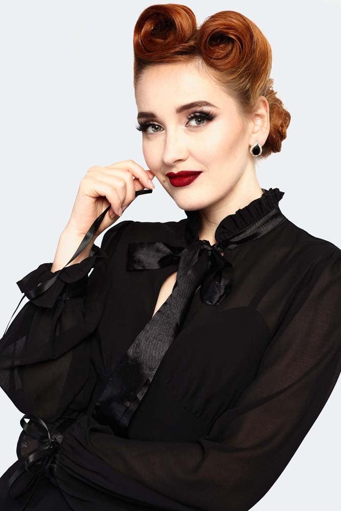 Sheer High Neck Long Sleeve Ribbon Tie Dress-Voodoo Vixen-Dark Fashion Clothing