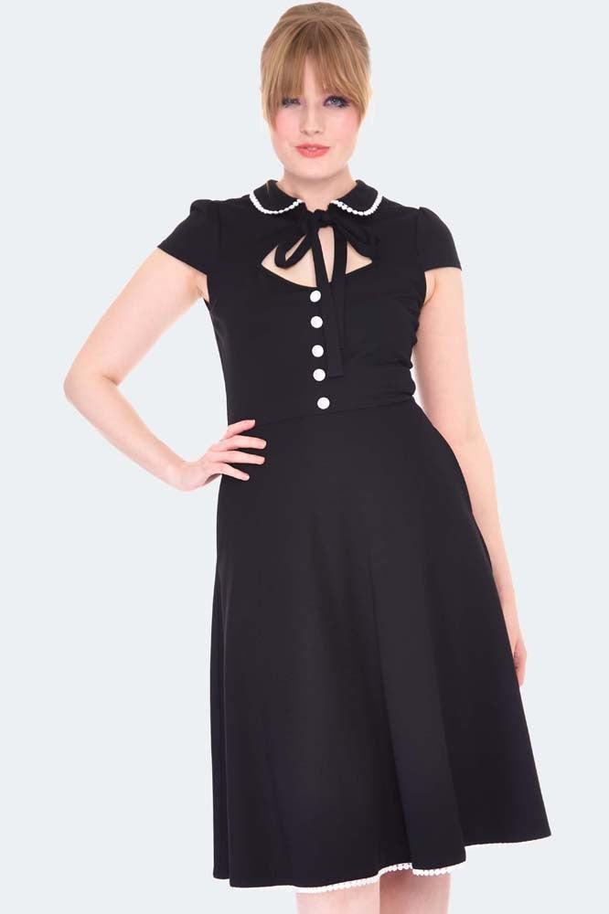 Short Sleeve White Trim Flare Dress-Voodoo Vixen-Dark Fashion Clothing