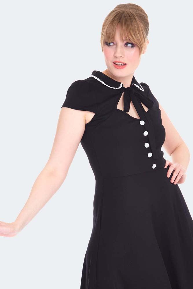 Short Sleeve White Trim Flare Dress-Voodoo Vixen-Dark Fashion Clothing