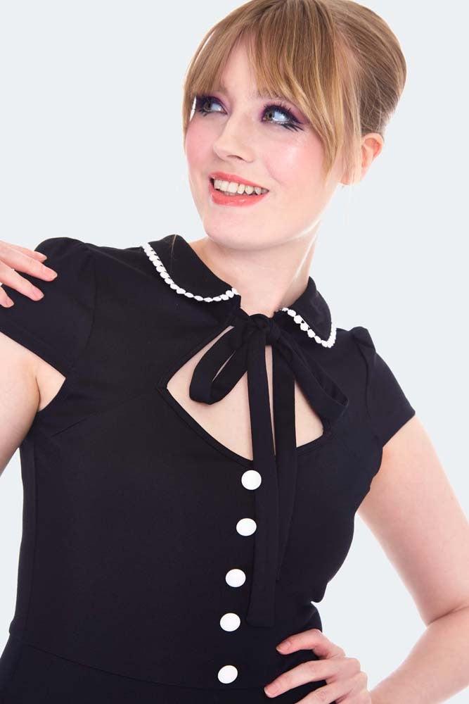 Short Sleeve White Trim Flare Dress-Voodoo Vixen-Dark Fashion Clothing