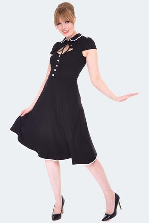 Short Sleeve White Trim Flare Dress-Voodoo Vixen-Dark Fashion Clothing