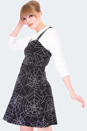 Spider Web Print Overall Flare Dress-Voodoo Vixen-Dark Fashion Clothing