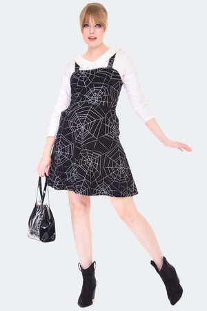 Spider Web Print Overall Flare Dress-Voodoo Vixen-Dark Fashion Clothing