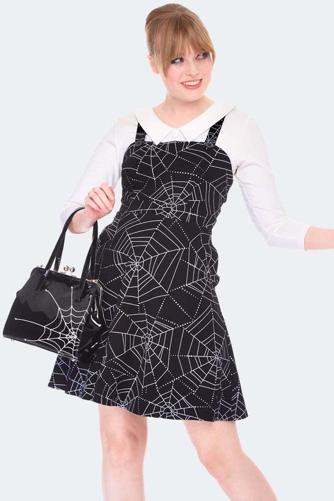 Spider Web Print Overall Flare Dress-Voodoo Vixen-Dark Fashion Clothing