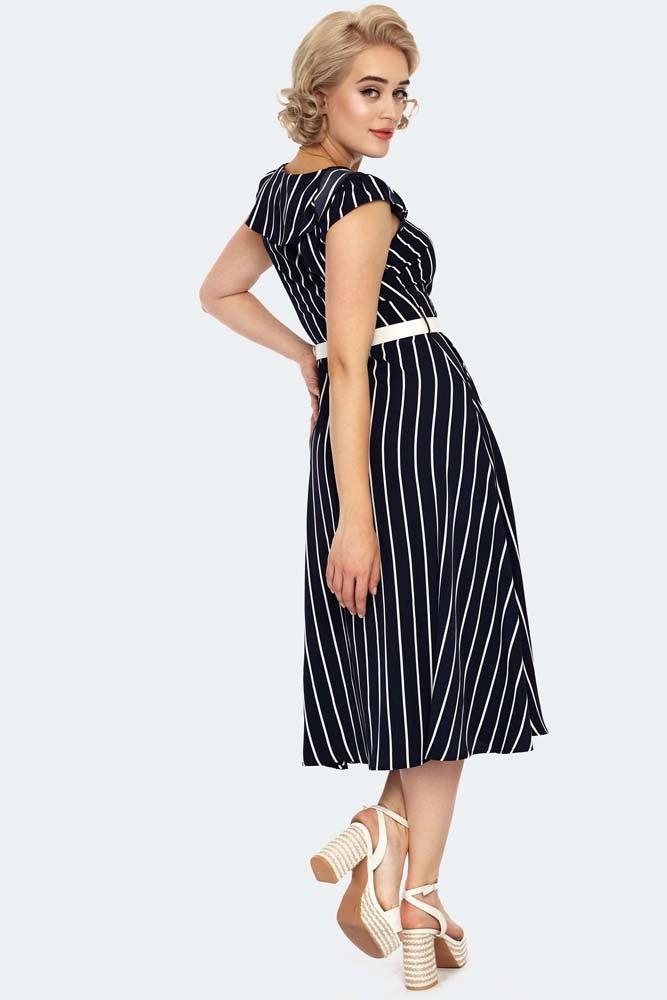 Stripe Wide Collar Midi Flare Dress-Voodoo Vixen-Dark Fashion Clothing