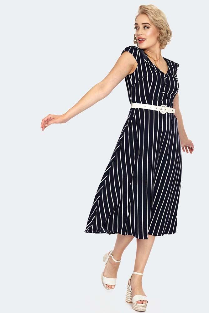 Stripe Wide Collar Midi Flare Dress-Voodoo Vixen-Dark Fashion Clothing