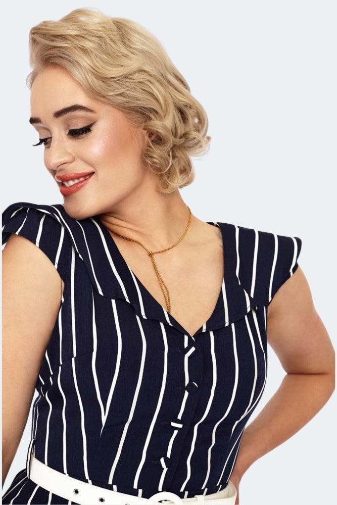 Stripe Wide Collar Midi Flare Dress-Voodoo Vixen-Dark Fashion Clothing