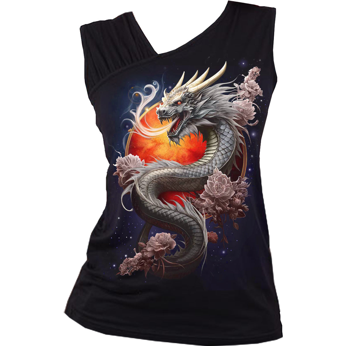 Sun Dragon (Digital Print) - Gathered Shoulder Slant Vest Black