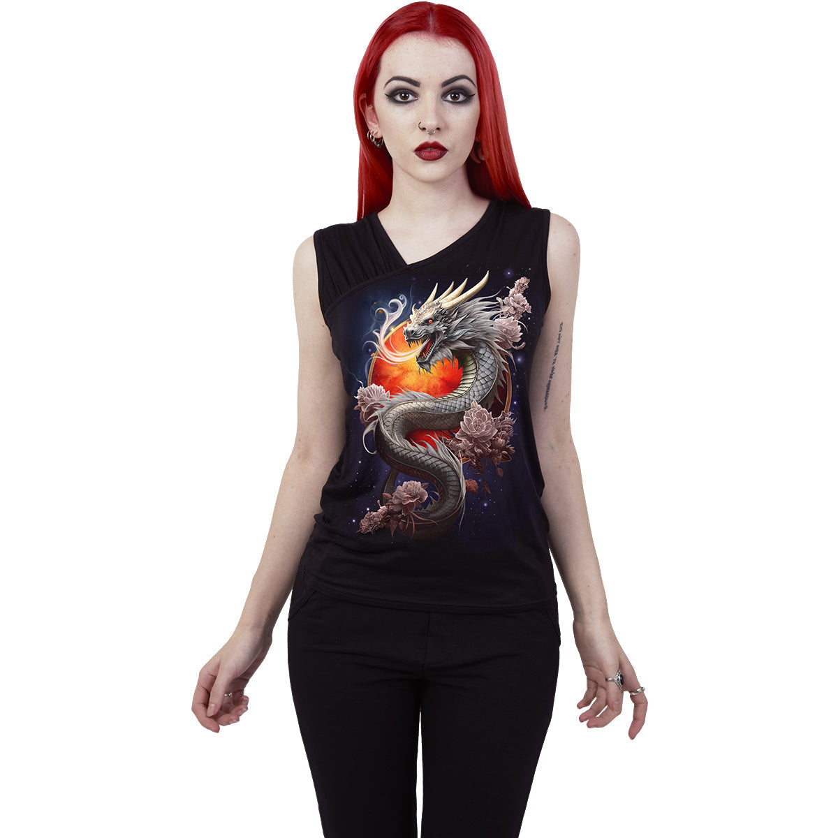 Sun Dragon (Digital Print) - Gathered Shoulder Slant Vest Black