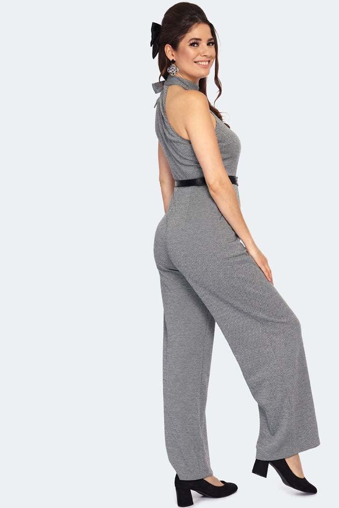 Tie Collar High Neck Knit Jumpsuit-Voodoo Vixen-Dark Fashion Clothing