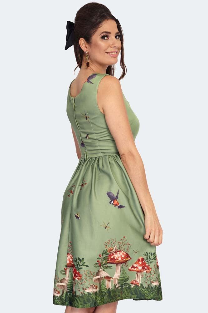 Toadstool Border Print Flare Dress-Voodoo Vixen-Dark Fashion Clothing