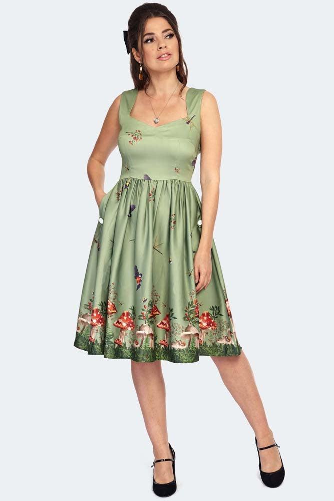 Toadstool Border Print Flare Dress-Voodoo Vixen-Dark Fashion Clothing