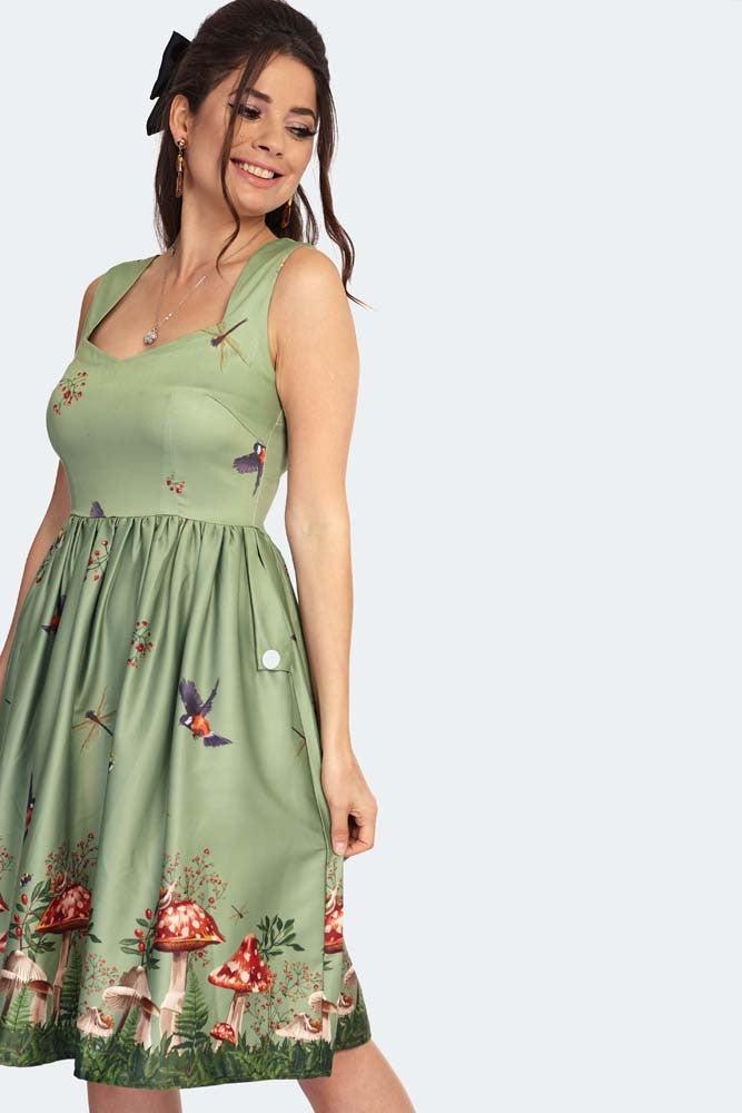 Toadstool Border Print Flare Dress-Voodoo Vixen-Dark Fashion Clothing