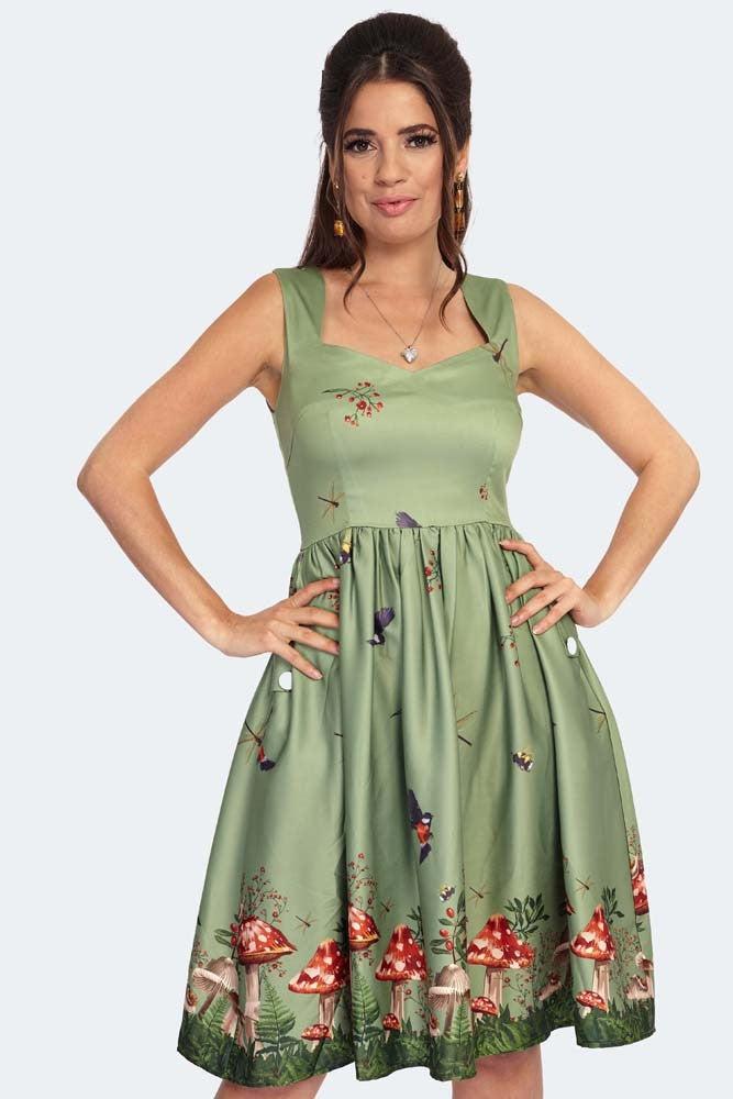 Toadstool Border Print Flare Dress-Voodoo Vixen-Dark Fashion Clothing