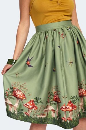 Toadstool Border Print Flare Skirt-Voodoo Vixen-Dark Fashion Clothing