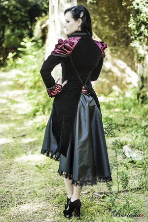 Vampiria Ladies Tail Jacket In Black Velvet Flock And Burgundy Satin Flock Details-Burleska-Dark Fashion Clothing