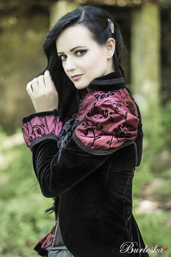 Vampiria Ladies Tail Jacket In Black Velvet Flock And Burgundy Satin Flock Details-Burleska-Dark Fashion Clothing