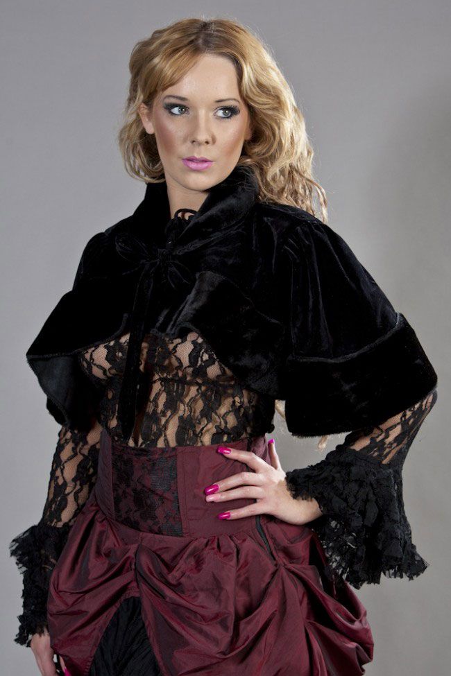 Victorian Bolero Shrug In Velvet & Black Fur-Burleska-Dark Fashion Clothing