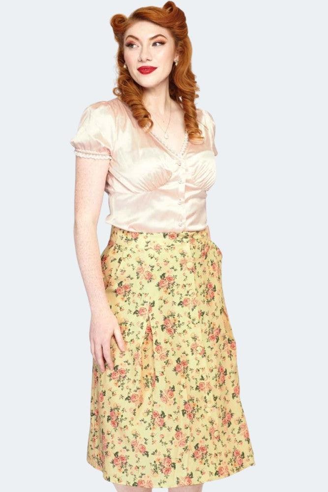 Vintage Floral Button Front Skirt-Voodoo Vixen-Dark Fashion Clothing