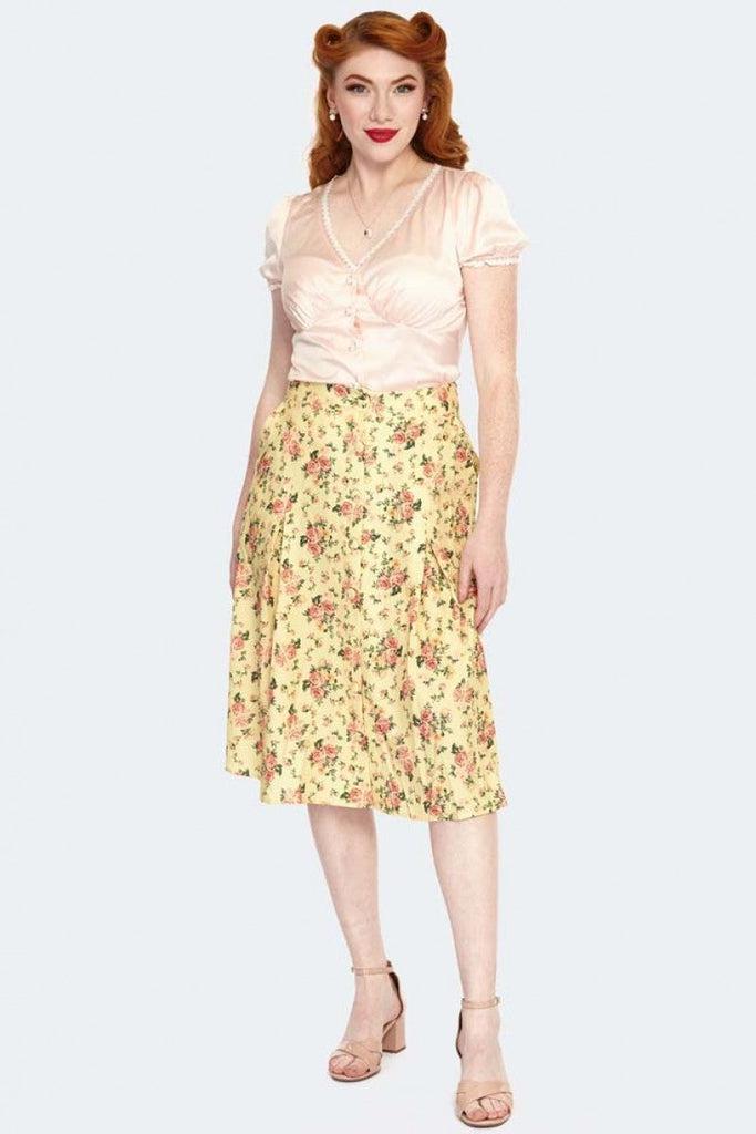 Vintage Floral Button Front Skirt-Voodoo Vixen-Dark Fashion Clothing