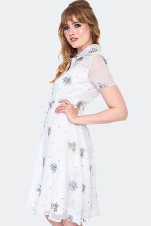 Wonder White Chiffon Floral Embroidered Flared Dress-Voodoo Vixen-Dark Fashion Clothing