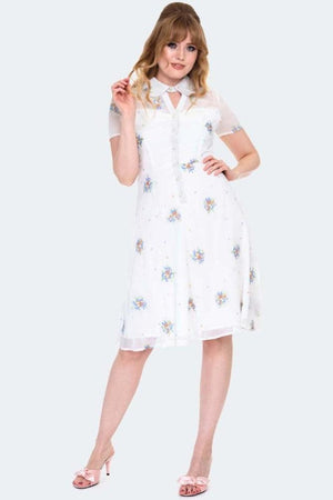 Wonder White Chiffon Floral Embroidered Flared Dress-Voodoo Vixen-Dark Fashion Clothing