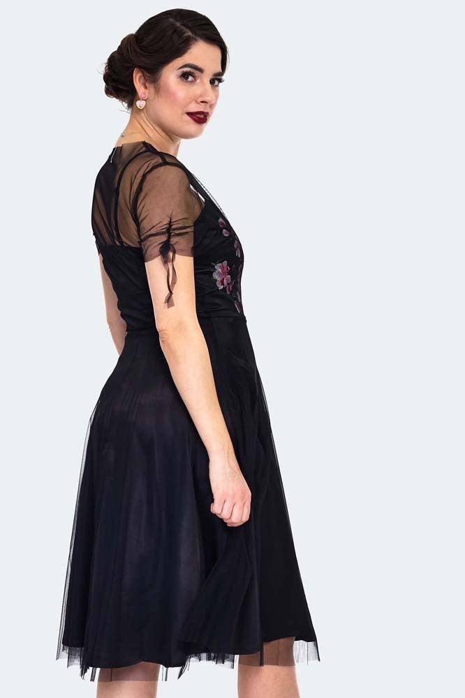 Zoe Black Dress with Floral Emboidery-Voodoo Vixen-Dark Fashion Clothing