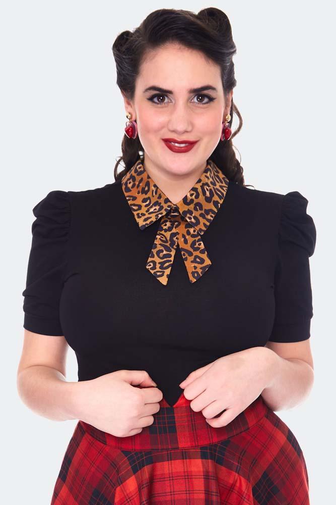 Leopard Collar Short Sleeve Top