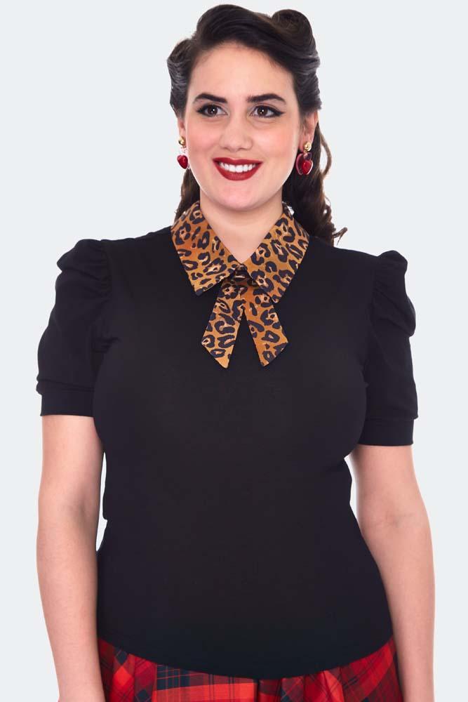 Leopard Collar Short Sleeve Top