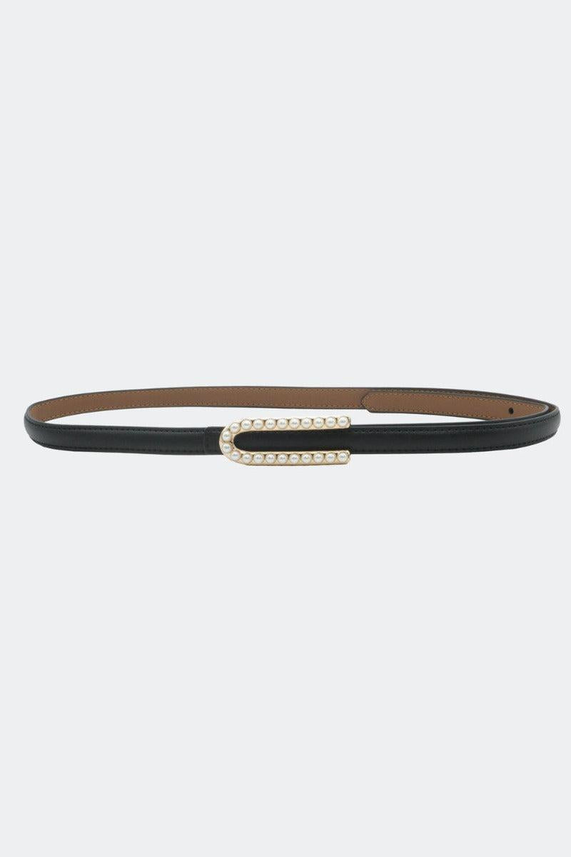 Pearl Buckle Skinny Leather Belt