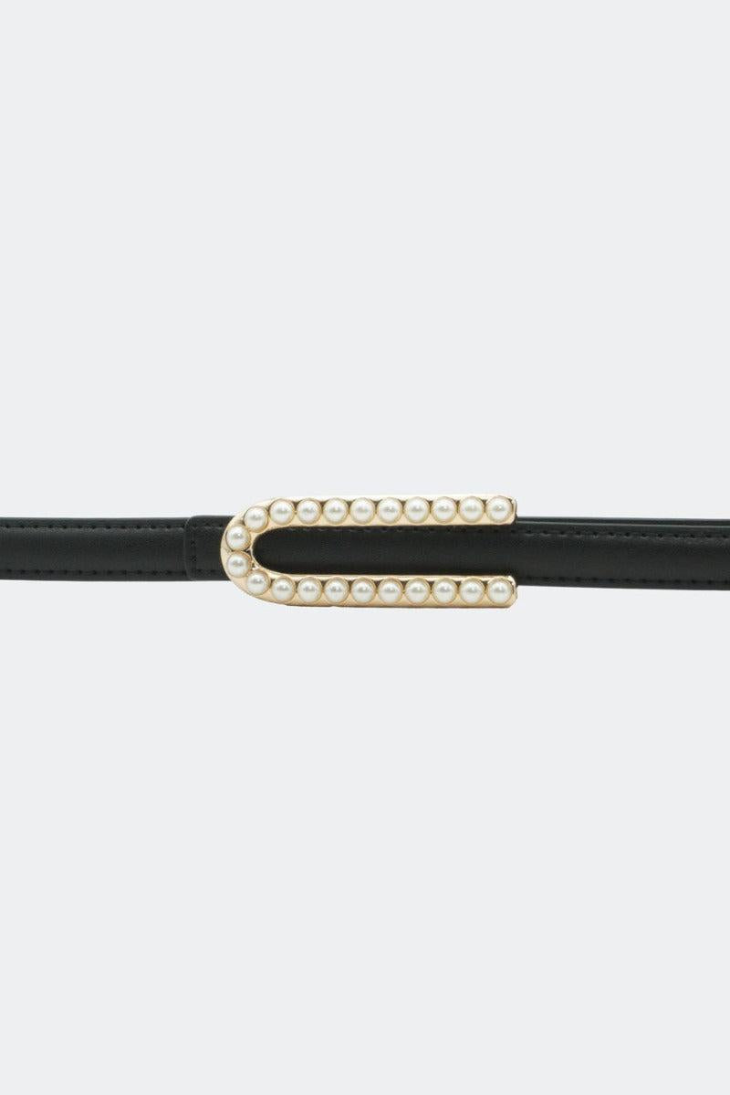 Pearl Buckle Skinny Leather Belt