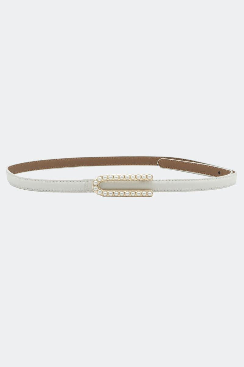 Pearl Buckle Skinny Leather Belt