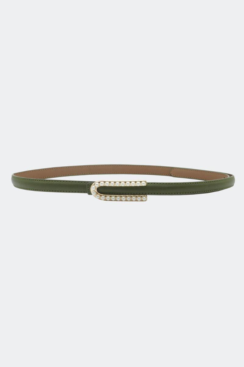 Pearl Buckle Skinny Leather Belt