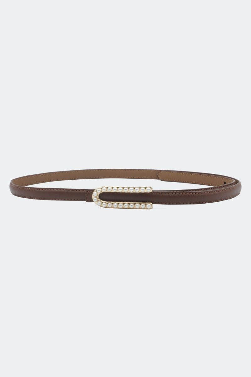 Pearl Buckle Skinny Leather Belt