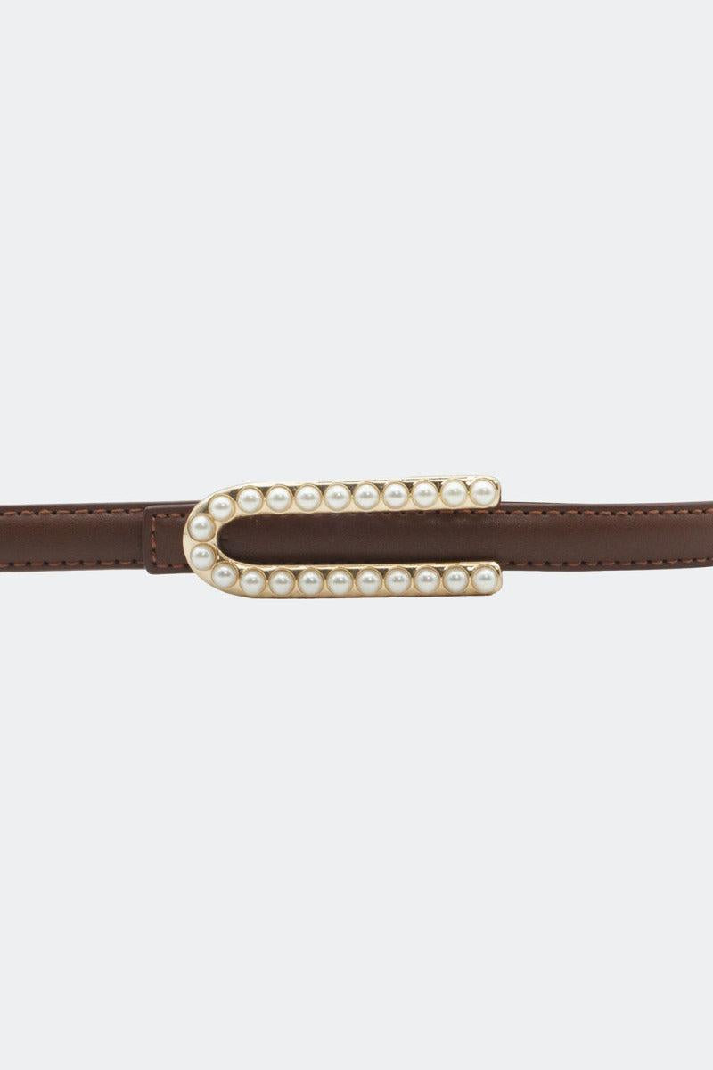 Pearl Buckle Skinny Leather Belt