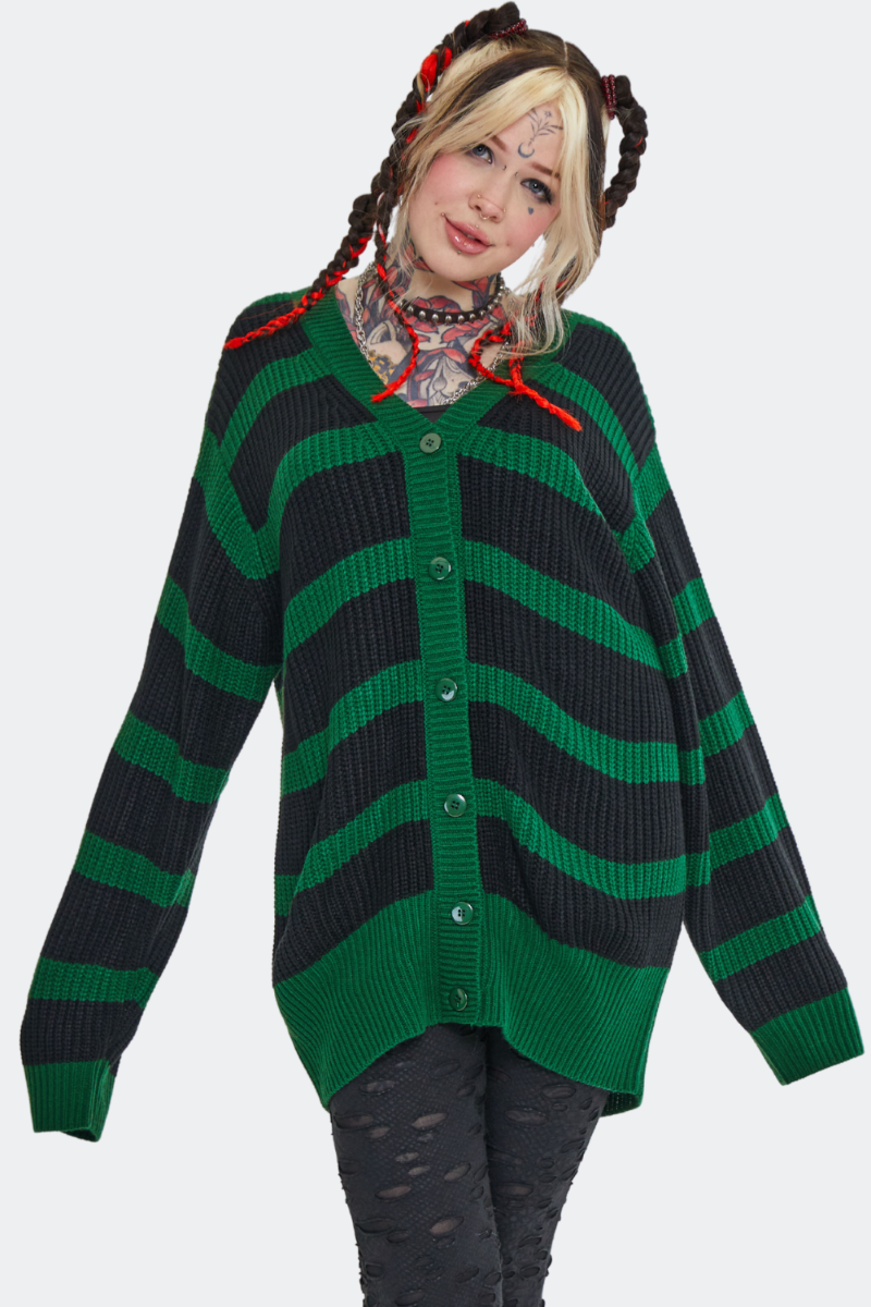 Green Striped Oversized Cardigan