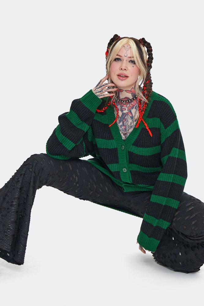Green Striped Oversized Cardigan