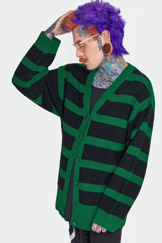 Green Striped Oversized Cardigan