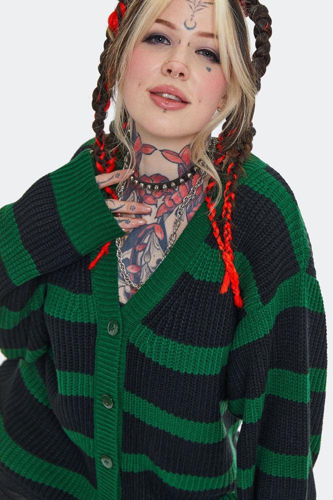Green Striped Oversized Cardigan